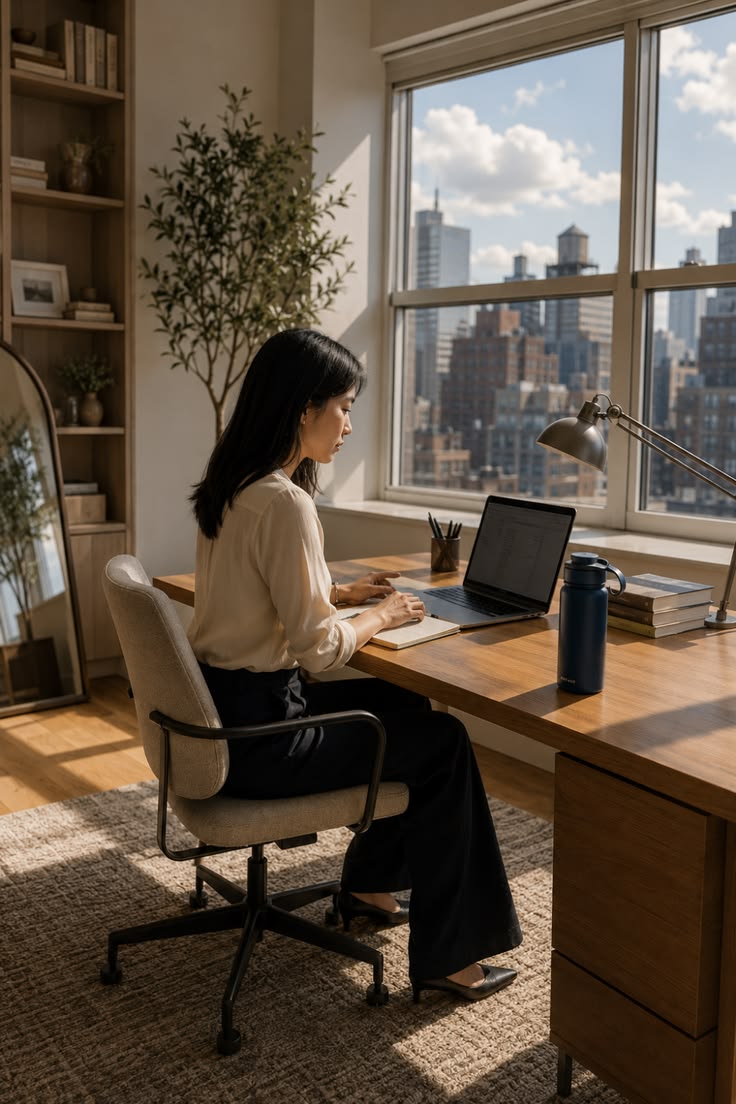 Person following a guided standing mobility flow next to an office window